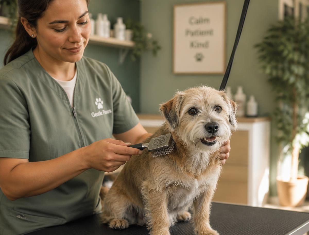Groomer gently brushing a senior terrier at Annandale Pet Spa