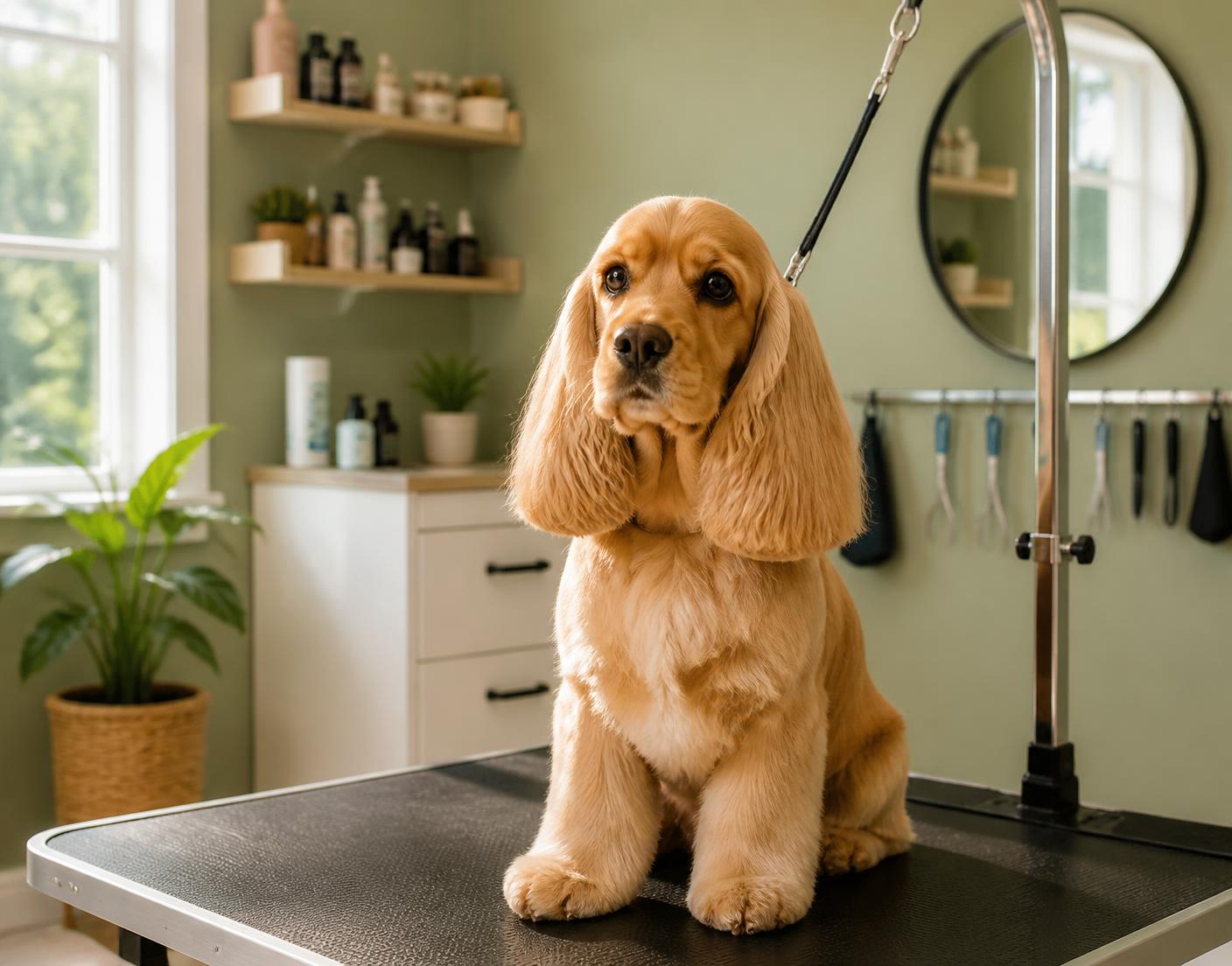 Freshly groomed cocker spaniel sitting calmly in the Annandale Pet Spa grooming room